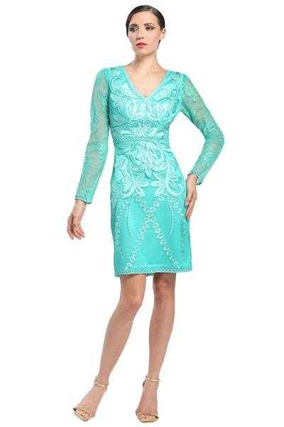 Sue Wong, Sue Wong - Floral Embroidered Long Sleeve V-Neck Dress N4516