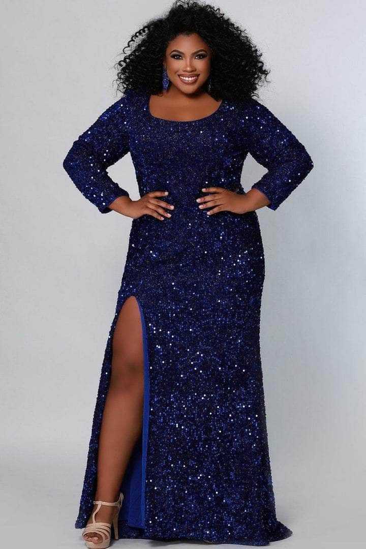 Sydney's Closet, Sydney's Closet - Sequined Long Sleeve Formal Dress SC7320 - 1 pc Sapphire In Size 22 Available