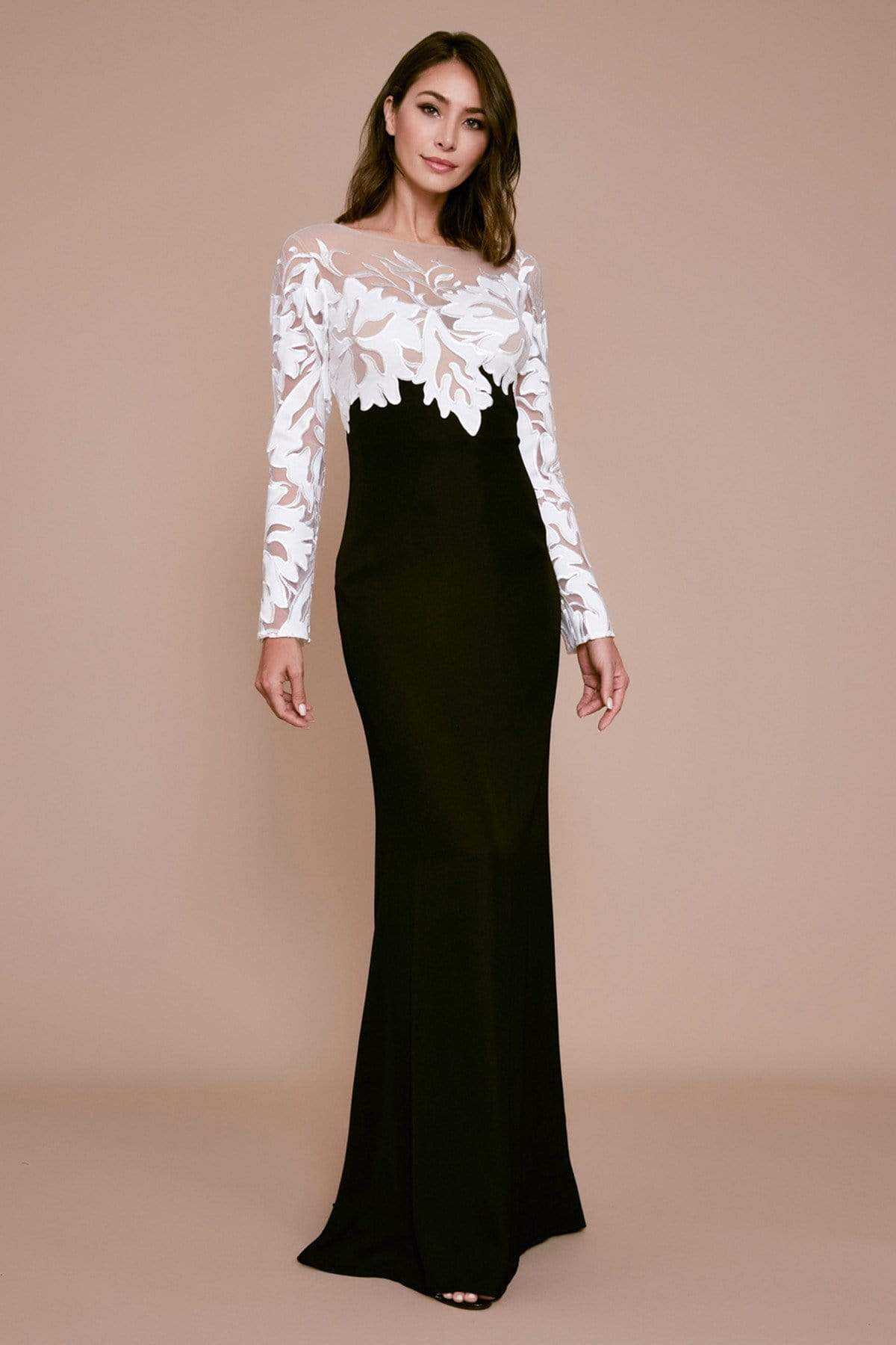 Tadashi Shoji, Tadashi Shoji - Embroidered Long Sleeve Sheath Evening Gown - 1 pc Black/Nude In Size 4 and 1 pc Ivory/Black in Size 8 Available