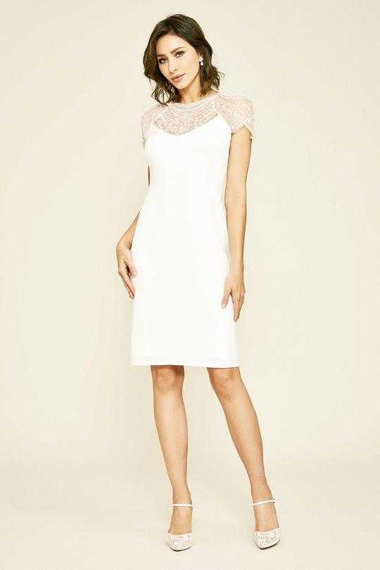 Tadashi Shoji, Tadashi Shoji - Ferguson Knee Length Crepe Lace Dress - 1 pcs Ivory In Size 16 Available