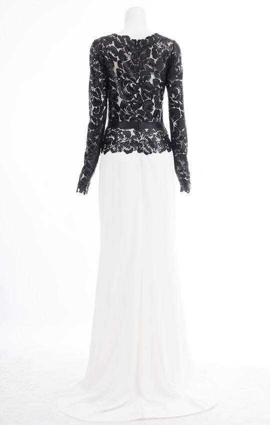 Tadashi Shoji, Tadashi Shoji - Long Illusion Floral Lace Sheath Gown - 1 pc Platinum/Navy In Size 6 Available