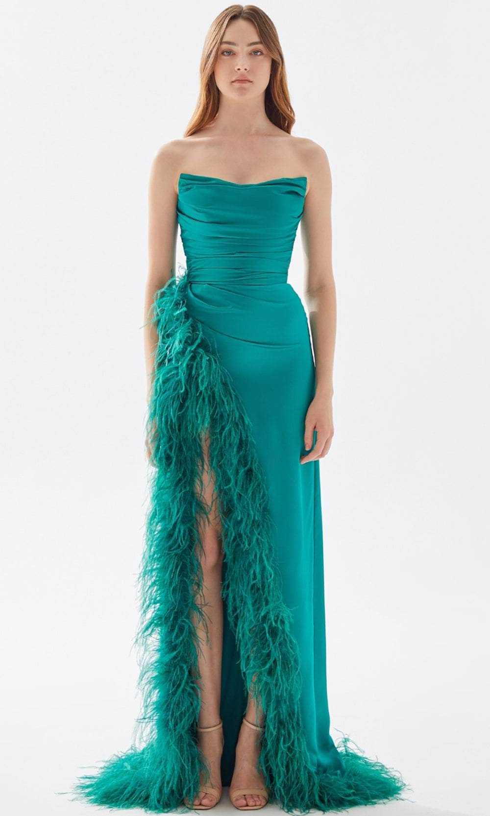 Tarik Ediz, Tarik Ediz 52004 - Strapless Feathered Slit Prom Gown