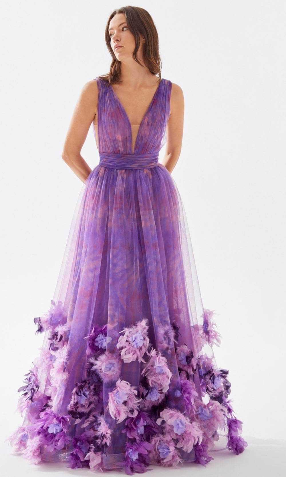 Tarik Ediz, Tarik Ediz 52143 - 3D Floral Embellished Flowy Dress