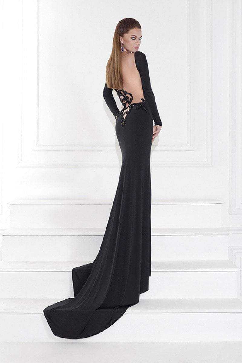 Tarik Ediz, Tarik Ediz - 92594 Embellished Bateau Neck Long Sleeve Gown - 1 pc Black In Size 2 Available