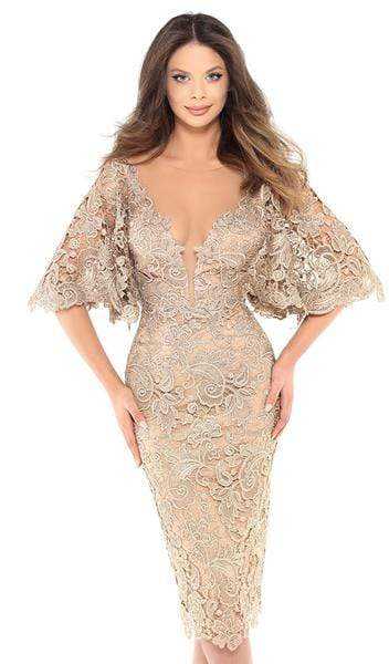 Tarik Ediz, Tarik Ediz - 93740 Floral Lace Bat Sleeve Illusion Plunging Neck Sheath Dress - 2 pcs Gold In Sizes 4 and 10 Available