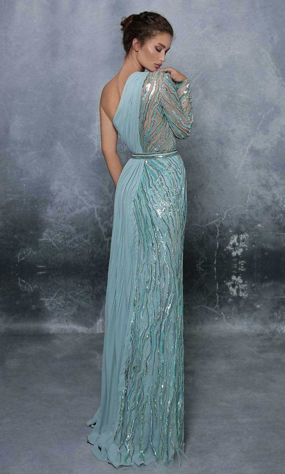 Tarik Ediz, Tarik Ediz - 96055 Half Sheer Embellished One-Shoulder Sheath Gown