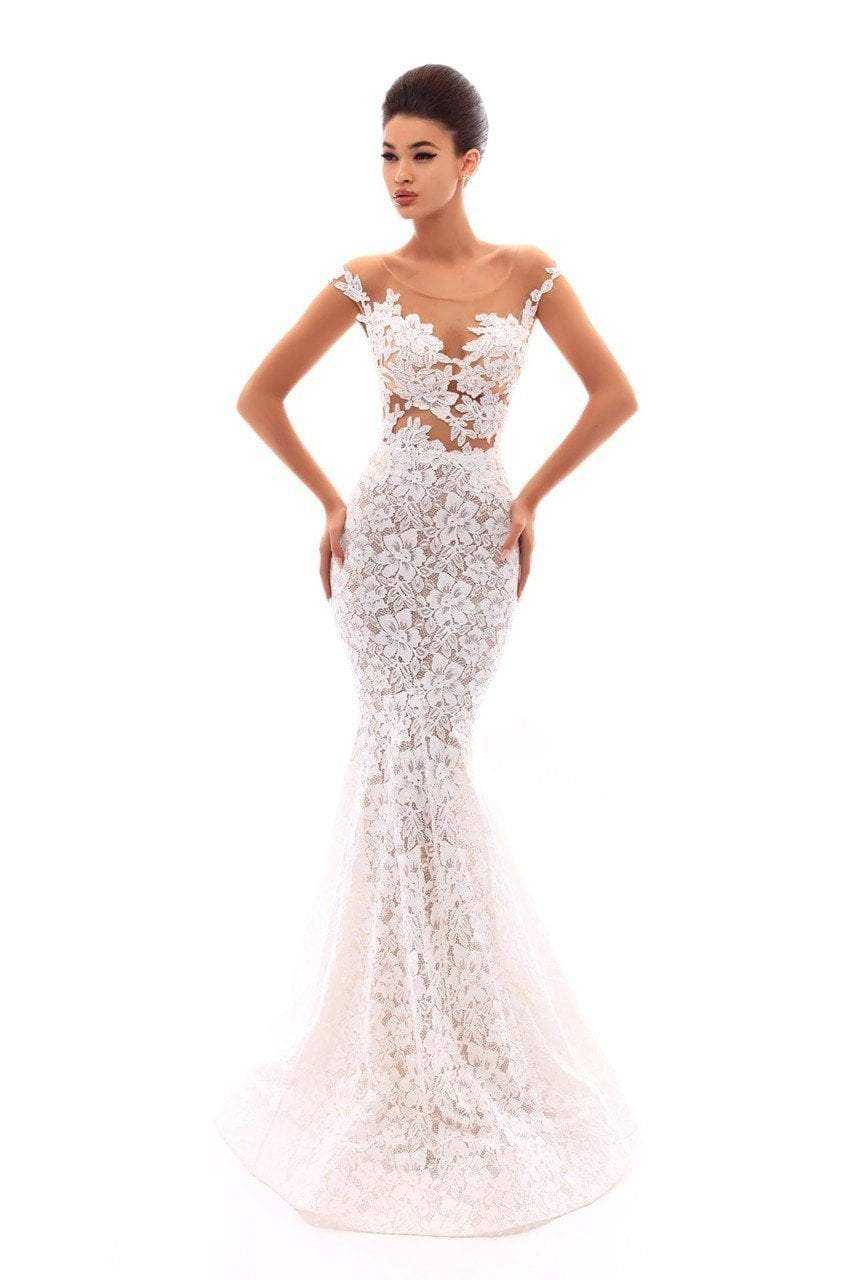 Tarik Ediz, Tarik Ediz Cap Sleeve Illusion Lace Mermaid Gown 50232 - 1 pc Ivory In Size 4 Available