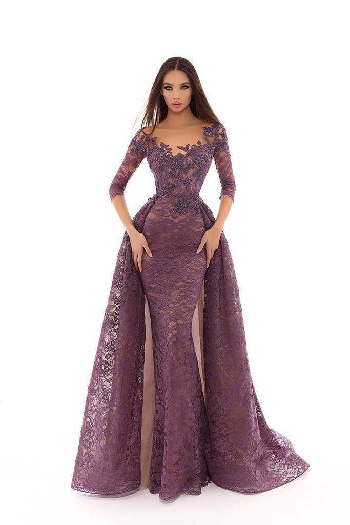 Tarik Ediz, Tarik Ediz - Embroidered Illusion Neck Dress With Overskirt 93633