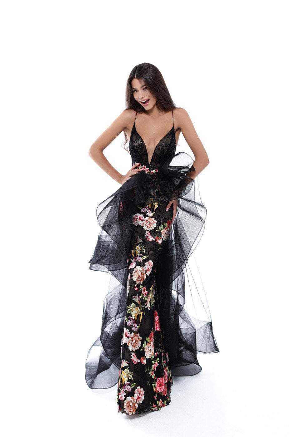 Tarik Ediz, Tarik Ediz - Floral Embroidered Plunging Evening Dress 50458 - 1 pc Black In Size 4 Available