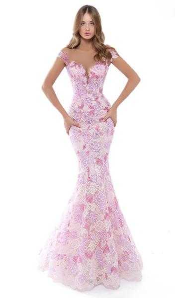 Tarik Ediz, Tarik Ediz - Floral Lace Cap Sleeve Mermaid Gown With Train 50493 - 1 pc Yellow In Size 6 Available