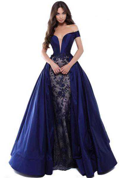 Tarik Ediz, Tarik Ediz - Floral Lace Deep Off-Shoulder Gown With Overskirt 50426 - 1 pc Navy In Size 6 Available
