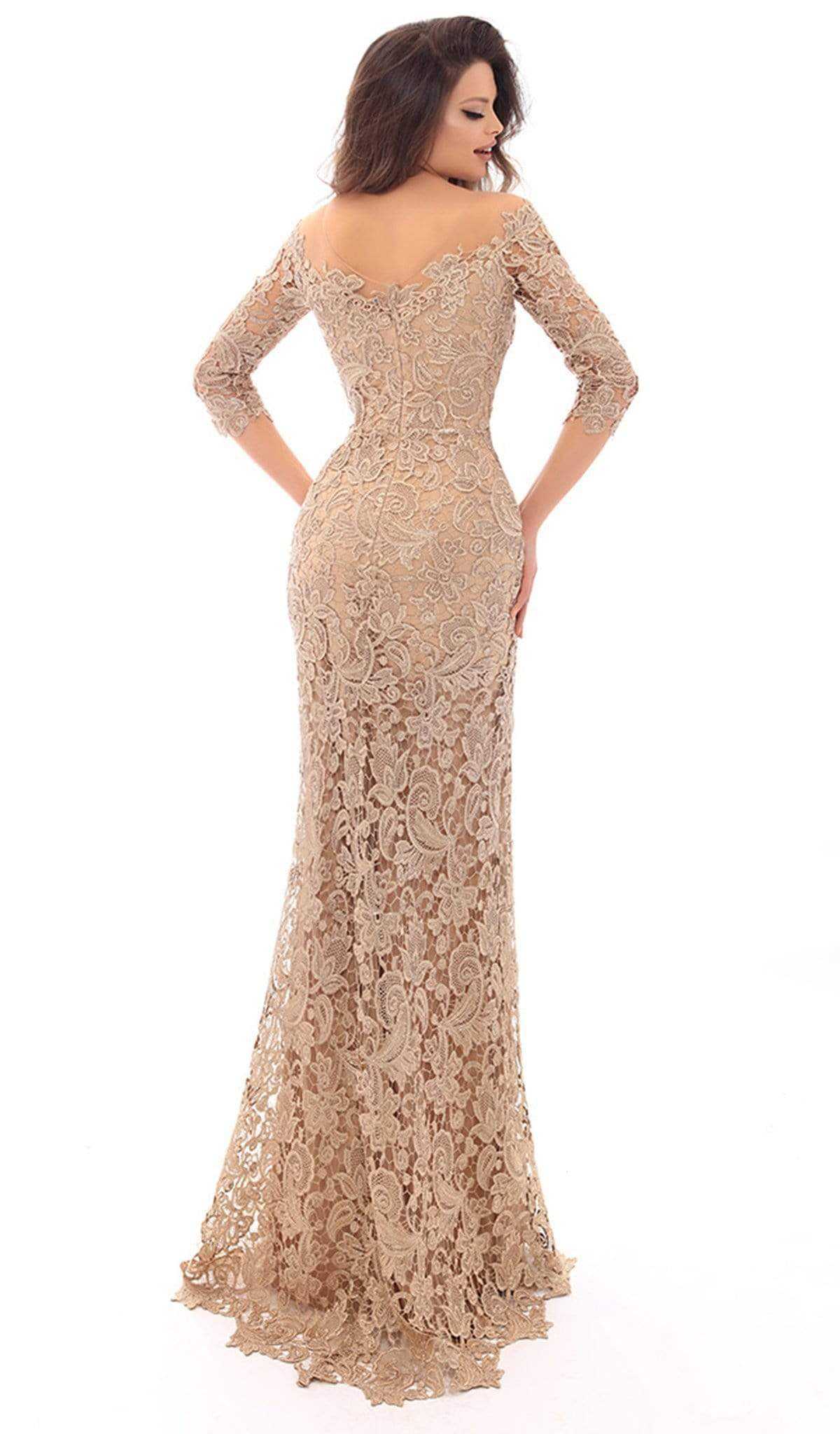 Tarik Ediz, Tarik Ediz - Floral Lace Illusion Neck Sheath Dress With Train 93675 - 1 pc Gold In Size 10 Available