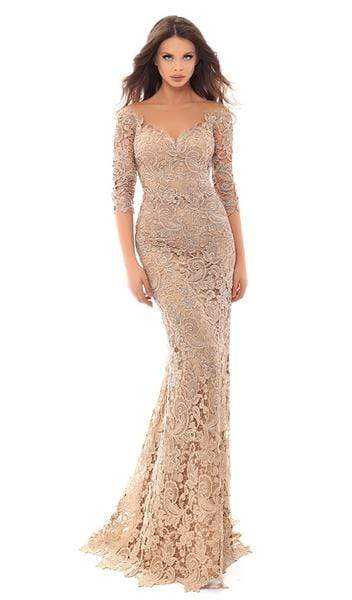 Tarik Ediz, Tarik Ediz - Floral Lace Illusion Neck Sheath Dress With Train 93675 - 1 pc Gold In Size 10 Available