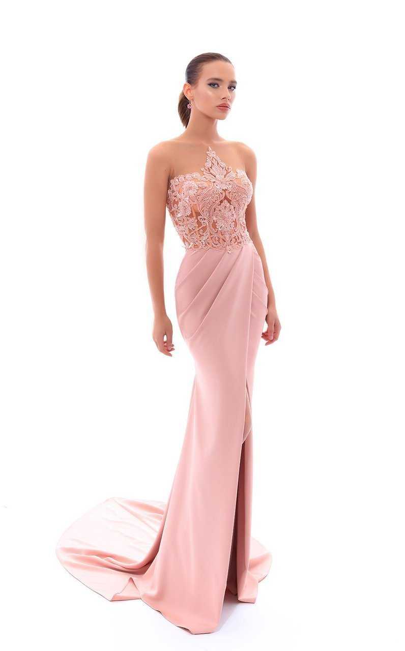 Tarik Ediz, Tarik Ediz Illusion Beaded Floral Lace High Slit Gown 93408
