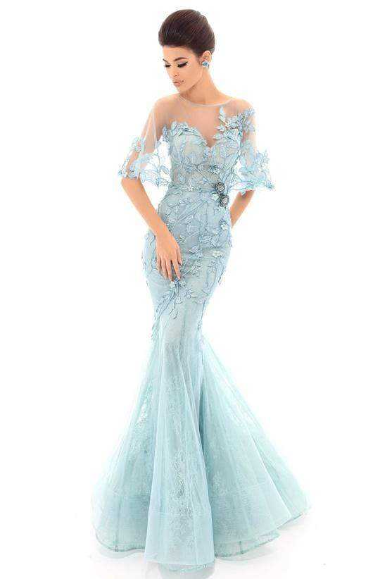 Tarik Ediz, Tarik Ediz - Illusion Draped Trailing Foliage Lace Evening Dress 93694 - 1 pc Nilgreen In Size 8 Available