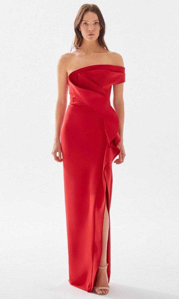 Tarik Ediz, Tarik Ediz - Off Shoulder Ruffled Prom Dress 52029 - 1 pc Red In Size 2 Available