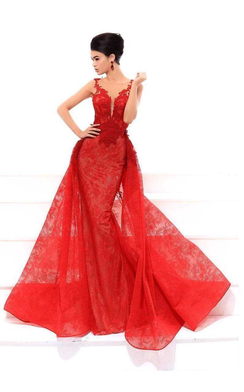 Tarik Ediz, Tarik Ediz Plunging Illusion Applique Lace Overskirt Gown 93439 - 1 pc Red In Size 6 Available