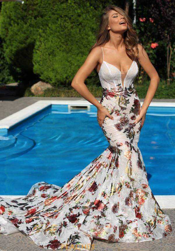 Tarik Ediz, Tarik Ediz - Plunging V-Neck Floral Mermaid Gown 50467