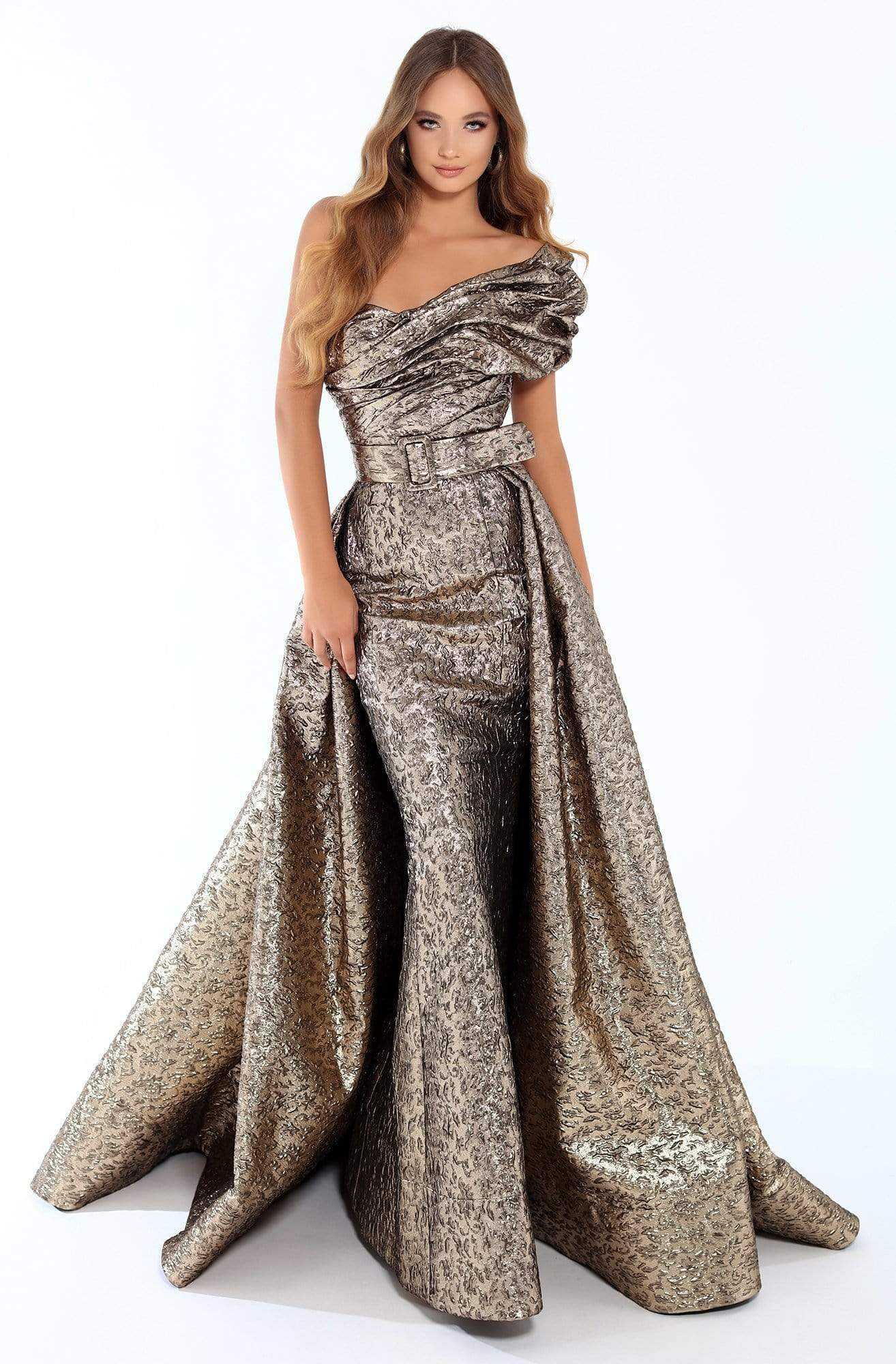 Tarik Ediz, Tarik Ediz - Ruched Jacquard Trumpet Dress With Overskirt 93709 - 1 pc Gold In Size 14 Available