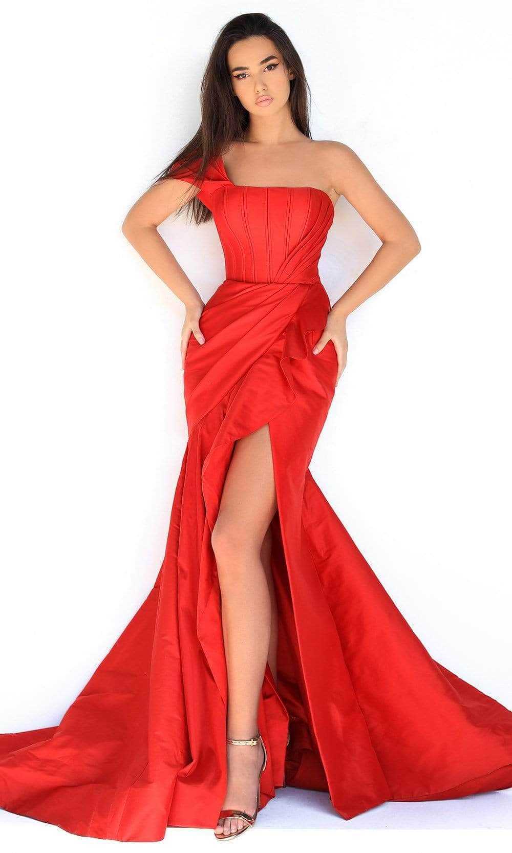 Tarik Ediz, Tarik Ediz - Ruffled Slit Mermaid Evening Gown 50869 - 1 pc Red In Size 10 Available