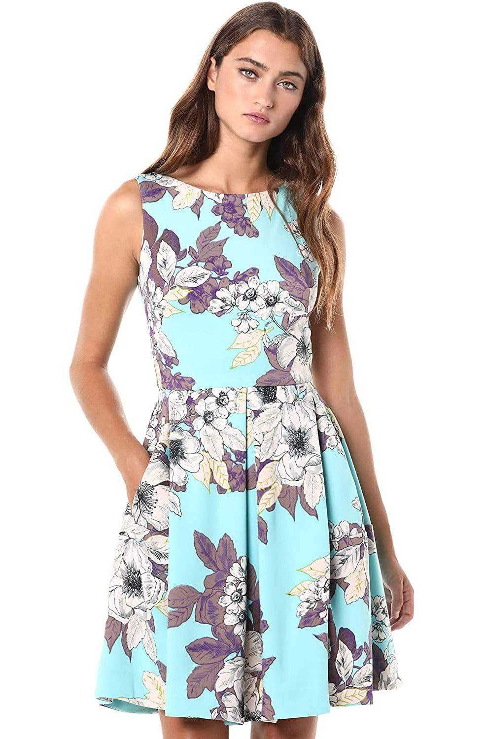 Taylor, Taylor - 1308M Floral Print Scuba Pleated A-line Dress