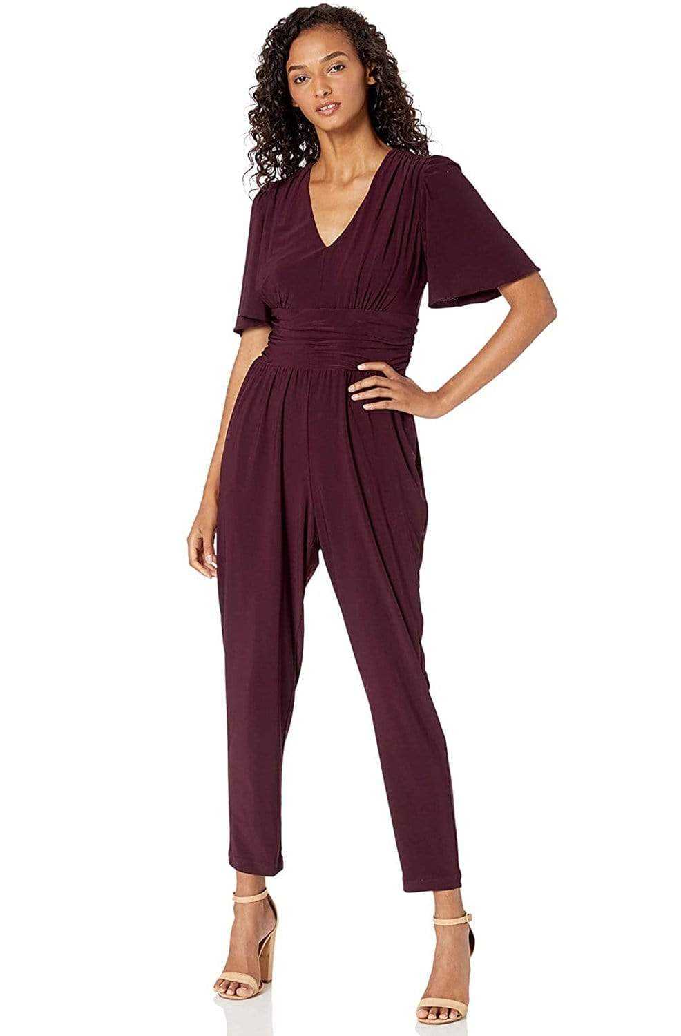 Taylor, Taylor - 1564M Short Sleeve Ruched Tapering Jumpsuit