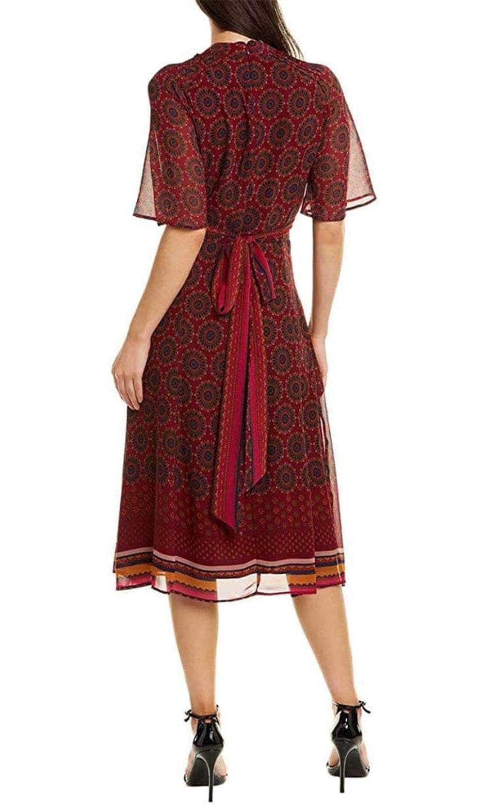 Taylor, Taylor 1575M - Collared V-Neck Short Sleeved Printed Chiffon Dress