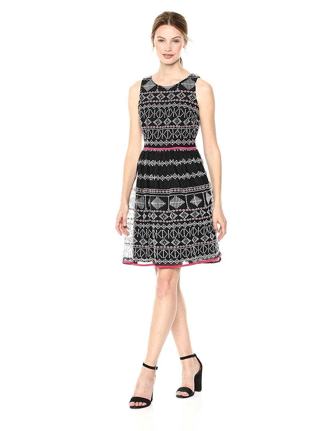 Taylor, Taylor - 9722M Sleeveless Piped Multi-Print A-Line Dress