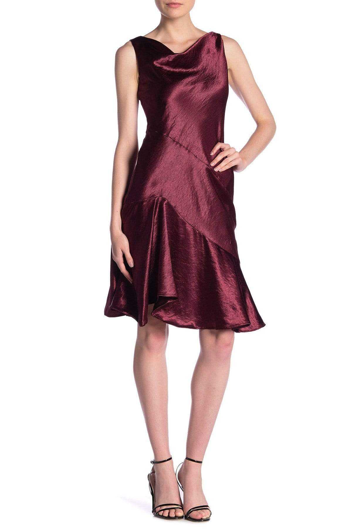 Taylor, Taylor - 9973M Cowl Neck Satin Asymmetrical Hemmed Dress