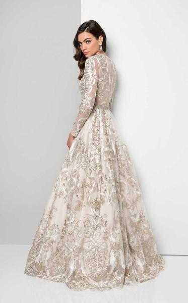 Terani Couture, Terani Couture - 1712E3652 Metallic Appliqued Illusion Gown - 1 pc White Gold In Size 12 Available