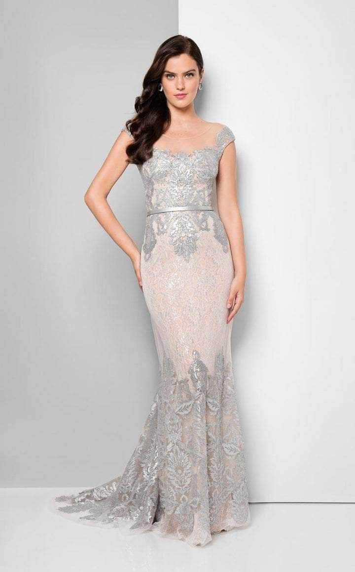 Terani Couture, Terani Couture - 1713M3505 Embroidered Lace Portrait Mermaid Gown - 1 pc Gunmetal Nude In Size 4 Available