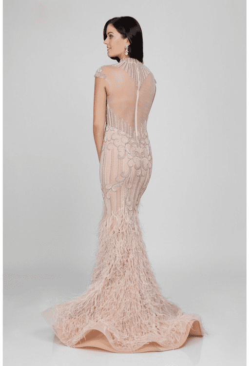 Terani Couture, Terani Couture - 1721GL4446 Feathered High Neck Mermaid Dress