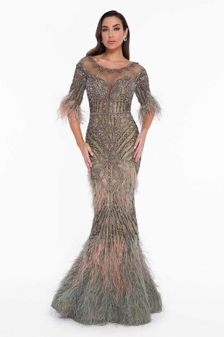 Terani Couture, Terani Couture - 1821GL7412 Feather Ornate Illusion Scoop Beaded Gown