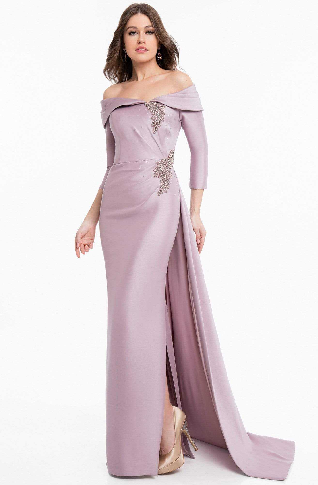 Terani Couture, Terani Couture - 1821M7550 Folded Off Shoulder Quarter Sleeve Gown