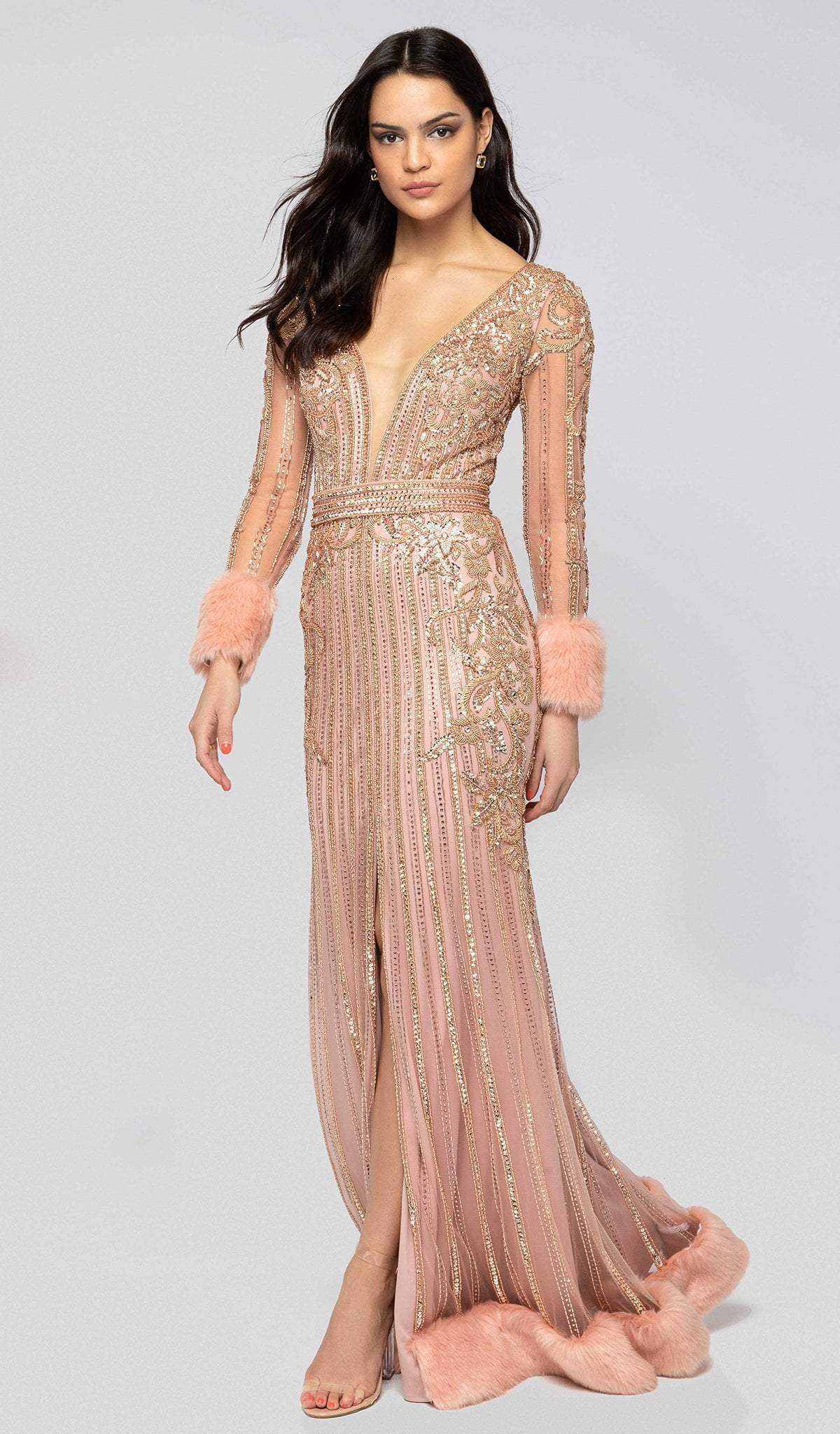 Terani Couture, Terani Couture - 1911GL9499 Bead Embellished Plunging Evening Gown
