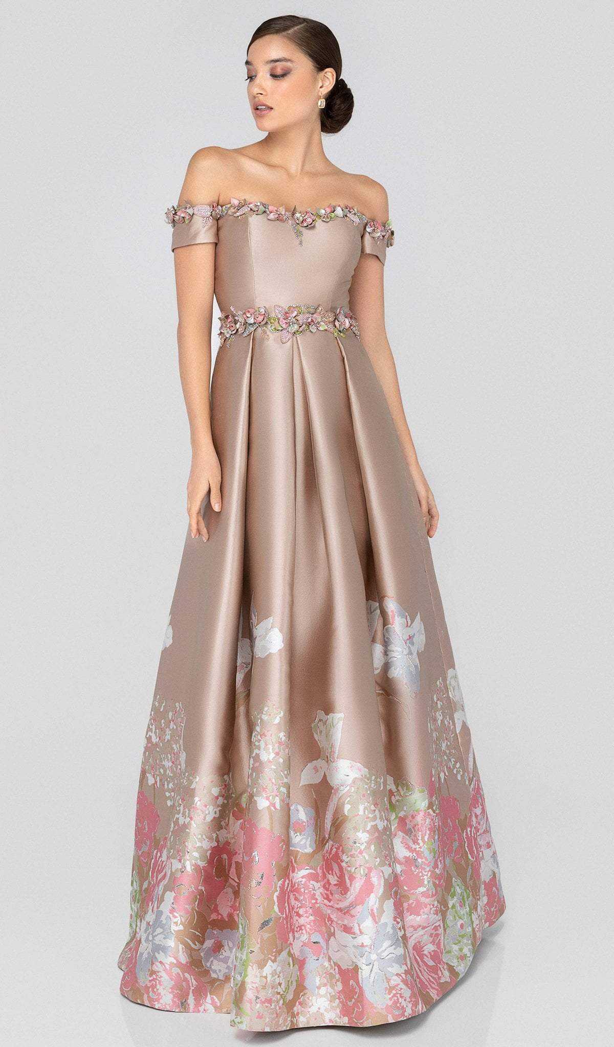 Terani Couture, Terani Couture - 1911M9661 Floral Appliqued Off-Shoulder A-Line Gown