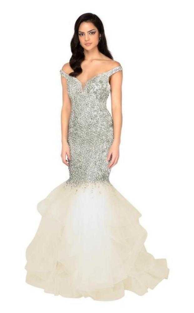 Terani Couture, Terani Couture - 1911P8363 Crystal Studded Off Shoulder Mermaid Gown