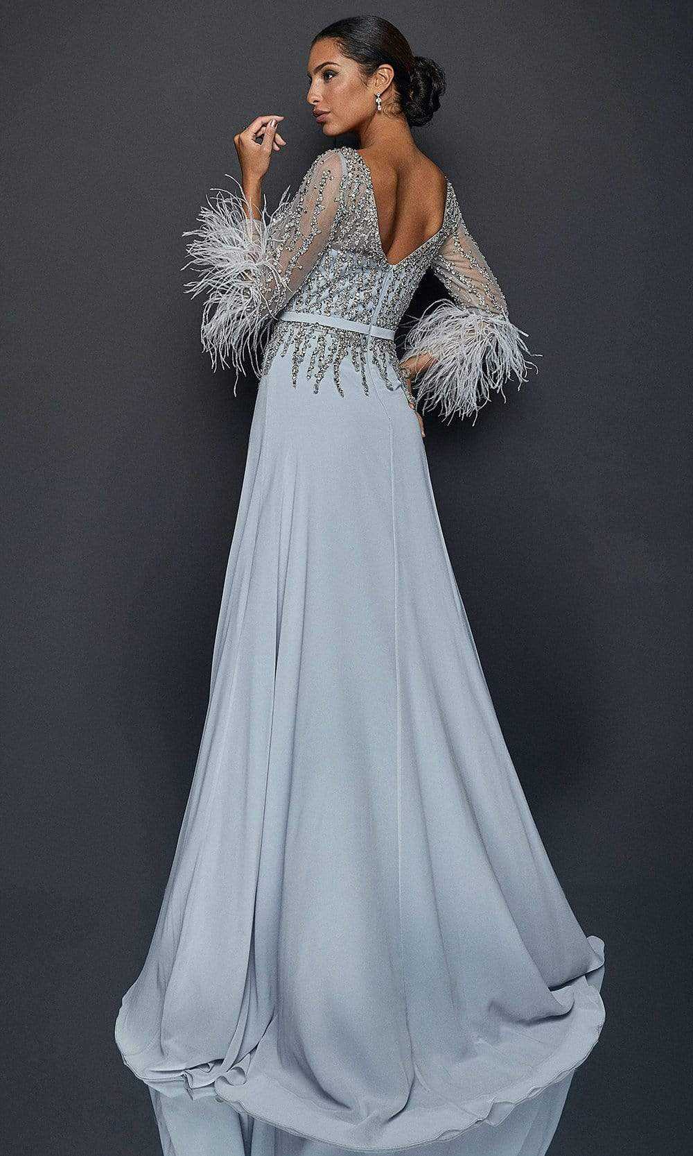 Terani Couture, Terani Couture - 1921M0473 Feather-Fringed Quarter Sleeve Jeweled Gown