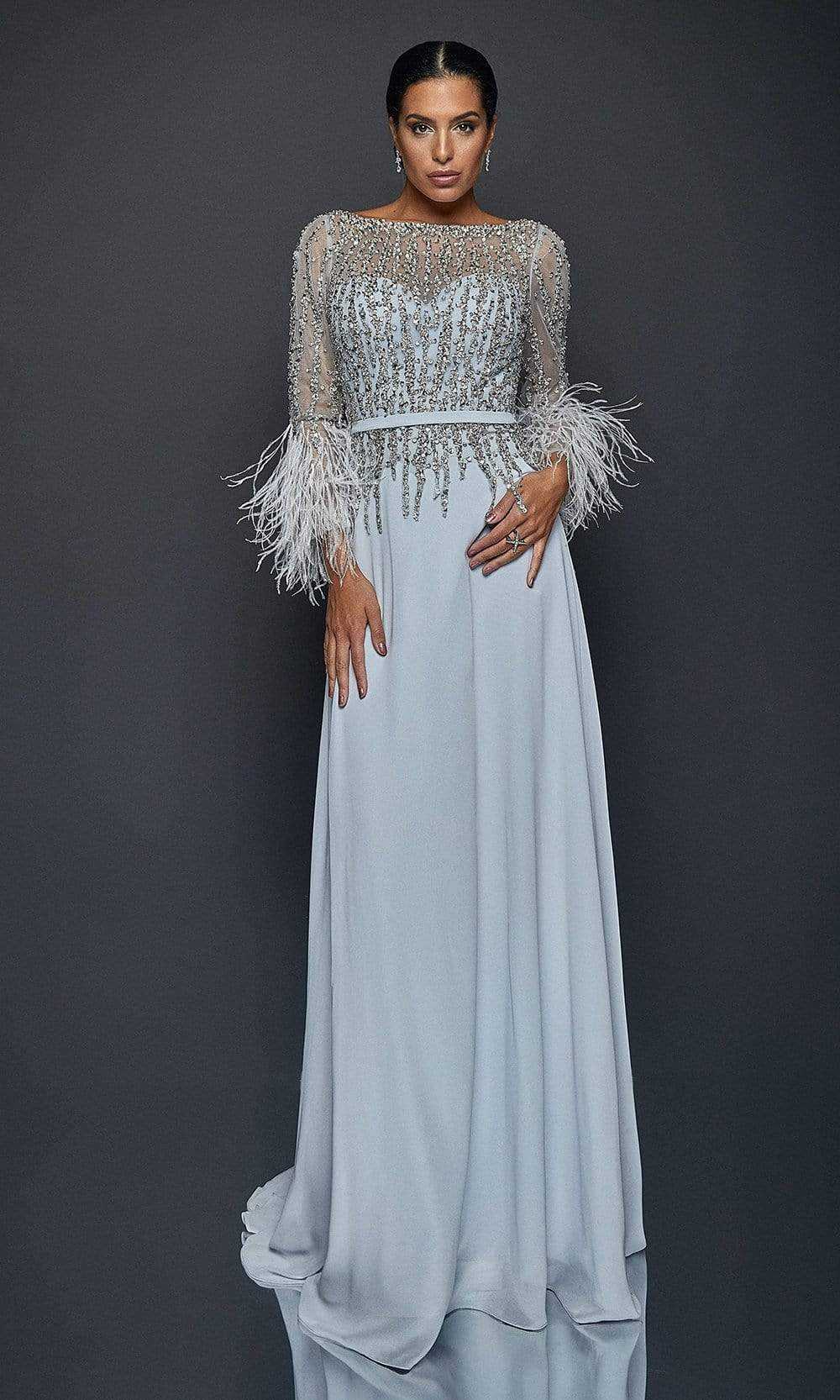 Terani Couture, Terani Couture - 1921M0473 Feather-Fringed Quarter Sleeve Jeweled Gown