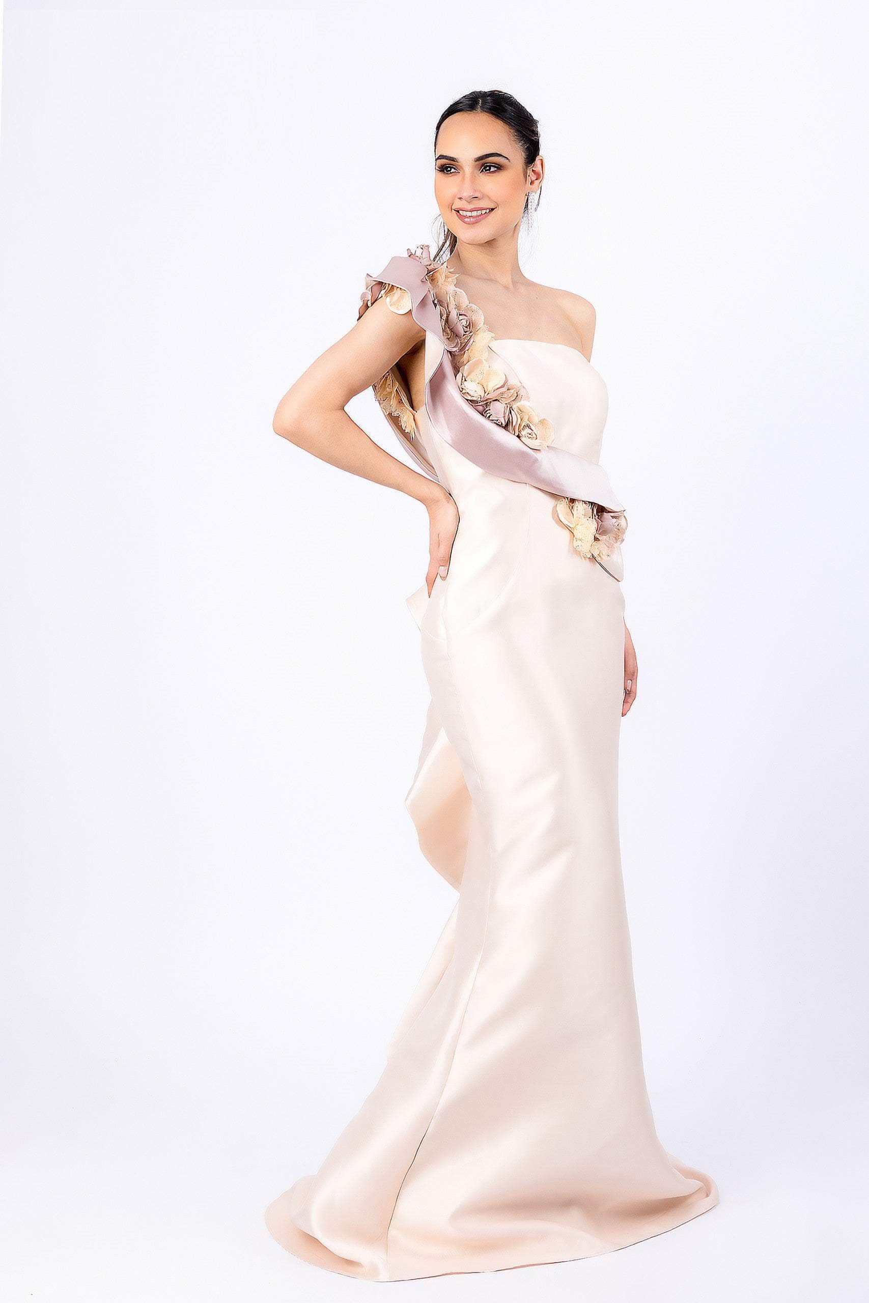 Terani Couture, Terani Couture - 2011E2424 One Shoulder Floral Ruffle Trimmed Gown