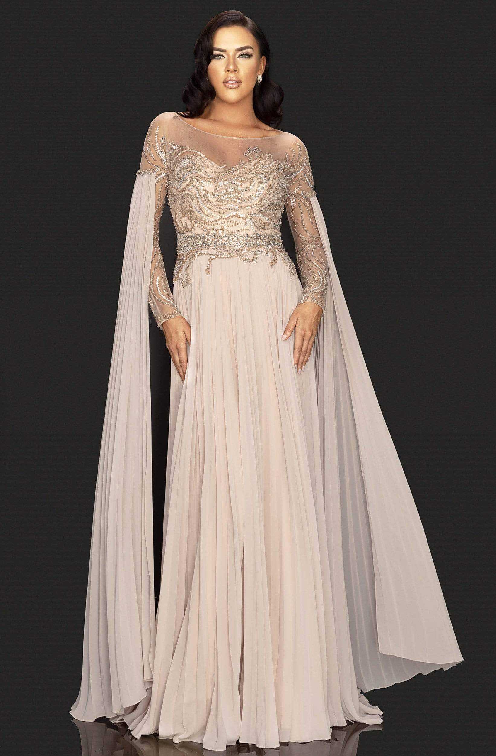 Terani Couture, Terani Couture - 2011M2117 Beaded Long Sleeve Pleated Cascade Gown
