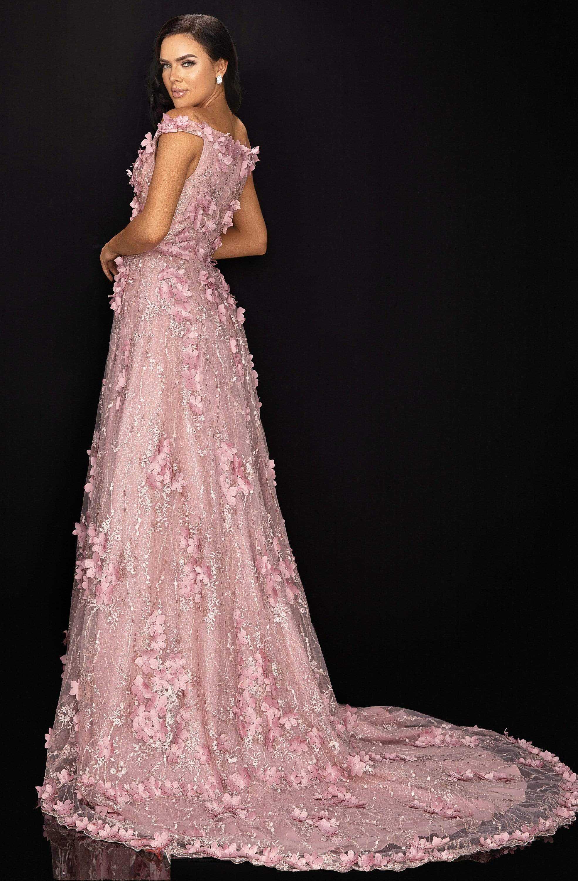 Terani Couture, Terani Couture - 2011M2143 Floral Appliqued Off-Shoulder A-Line Dress