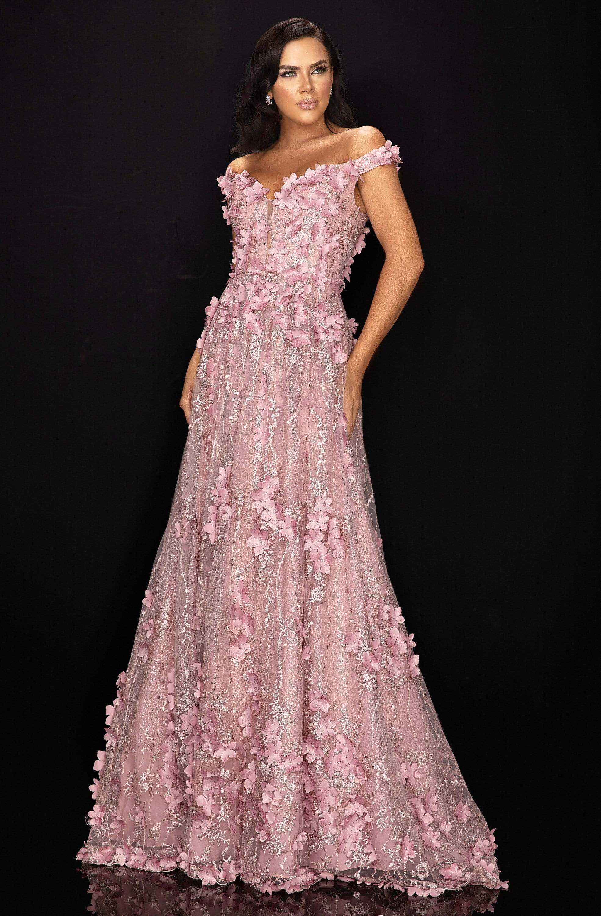 Terani Couture, Terani Couture - 2011M2143 Floral Appliqued Off-Shoulder A-Line Dress