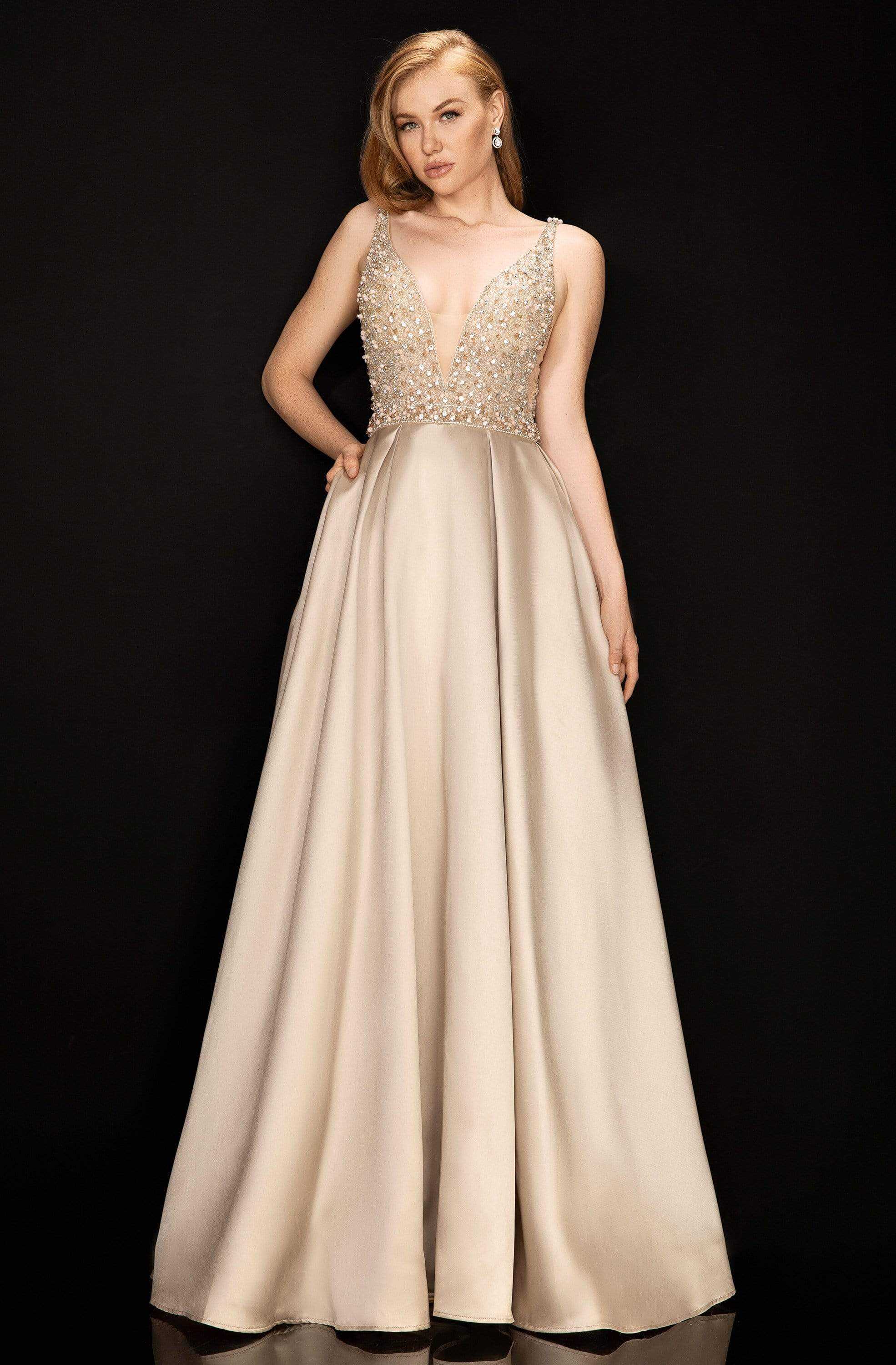 Terani Couture, Terani Couture - 2011P1094 Embellished Deep V-neck Pleated A-line Gown