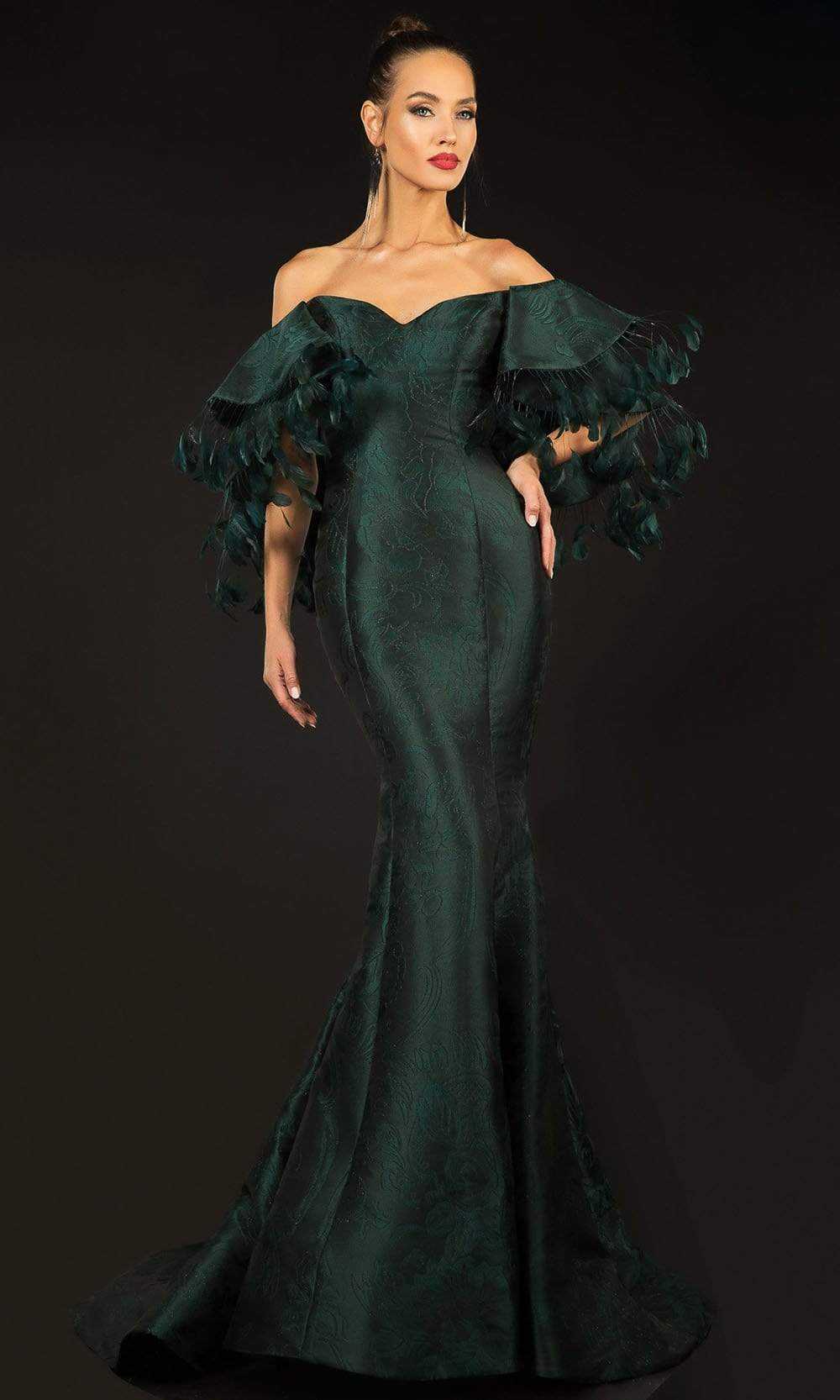 Terani Couture, Terani Couture - 2021E2796 Feather Trimmed Off Shoulder Jacquard Gown