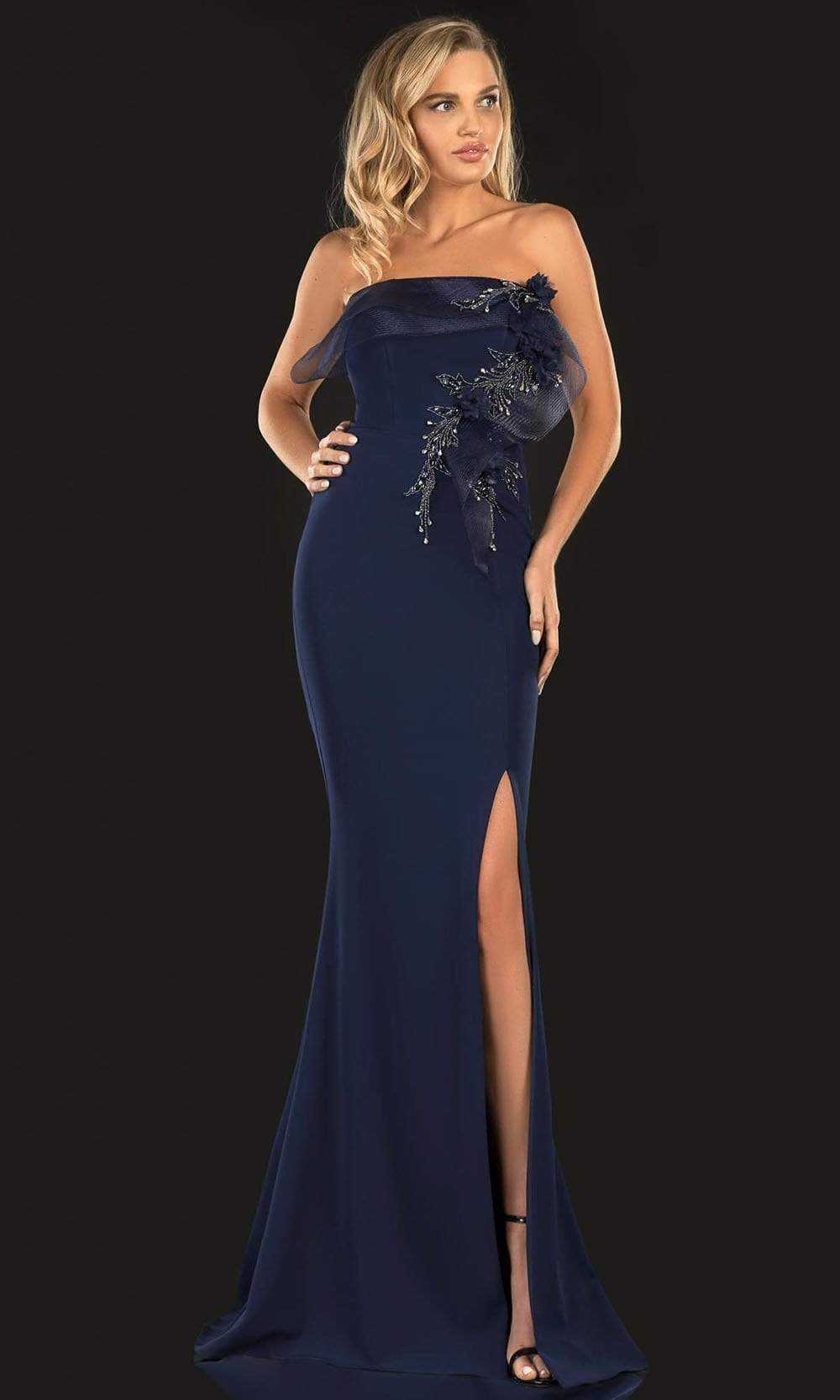 Terani Couture, Terani Couture - 2021E2818 Strapless Ribbon Accent Slit Sheath Gown
