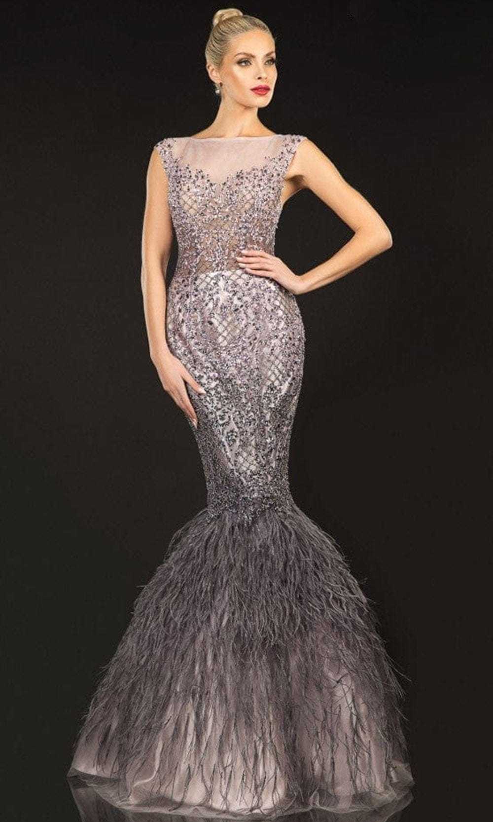 Terani Couture, Terani Couture - 2021GL3577 Cap Sleeve Feathered Mermaid Gown