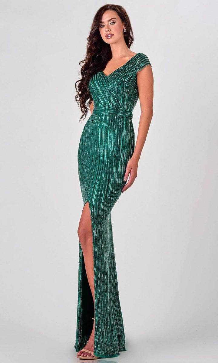 Terani Couture, Terani Couture - 2021M2980 Surplice Bodice V-neck Long Dress - 1 pc Hunter Green In Size 8 Available