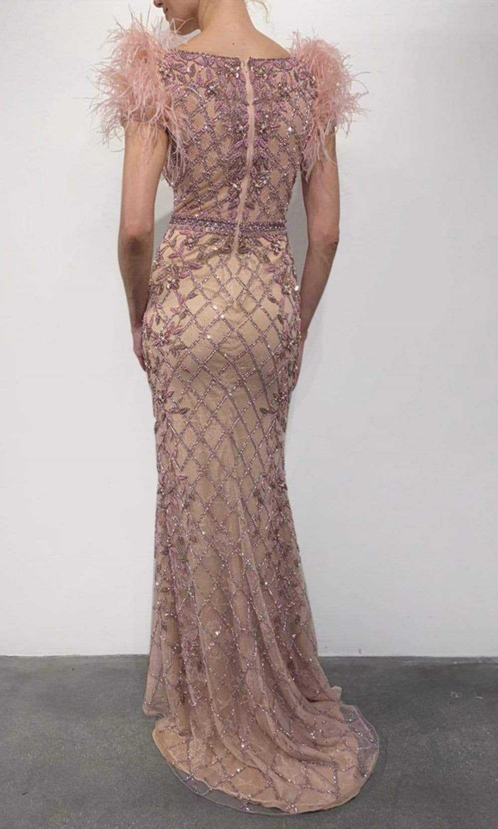 Terani Couture, Terani Couture - 2027GL3248 Lattice Beaded Hight Slit Gown