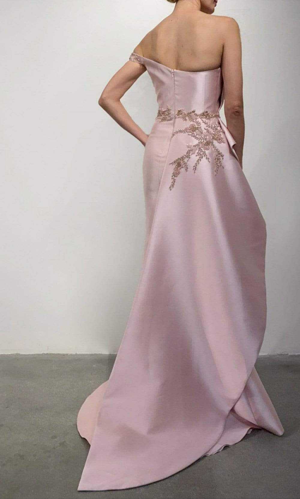 Terani Couture, Terani Couture - 2111E4757 Bead-Ornate Draped High Slit Gown